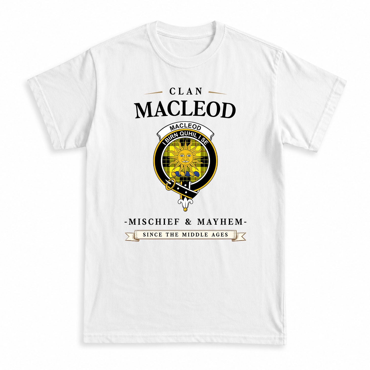 MacLeod of Lewis Modern Tartan Crest Mischief and Mayhem T-shirt