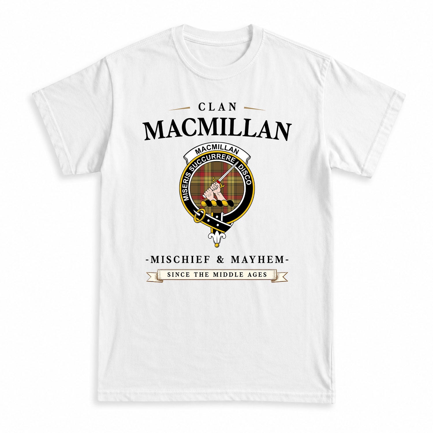 MacMillan Old Weathered Tartan Crest Mischief and Mayhem T-shirt