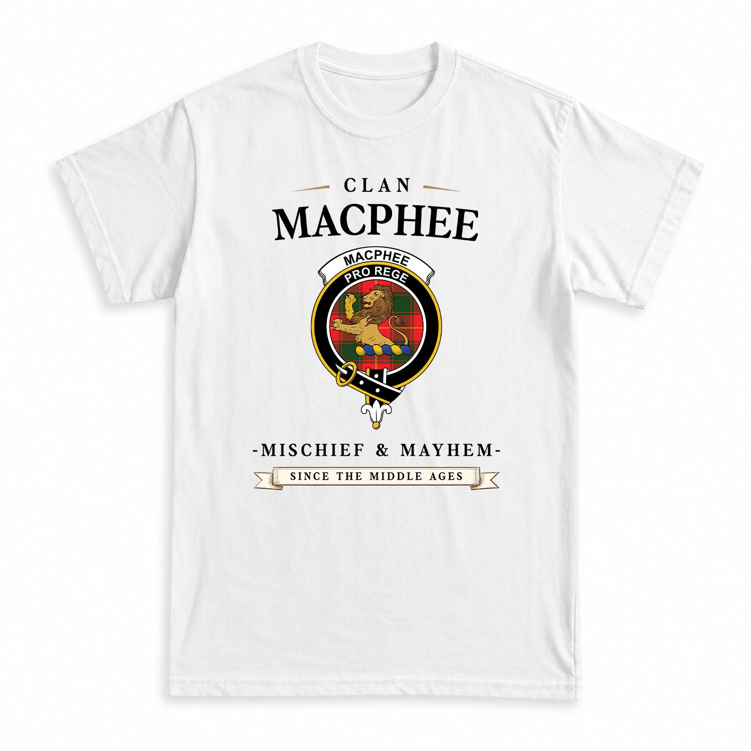 MacPhee Modern Tartan Crest Mischief and Mayhem T-shirt