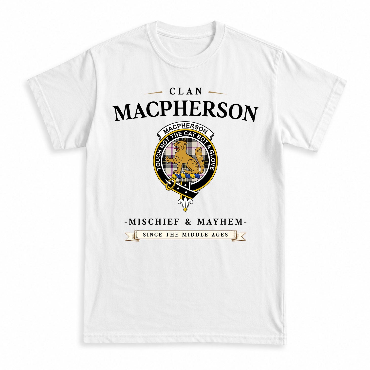 MacPherson Dress Ancient Tartan Crest Mischief and Mayhem T-shirt