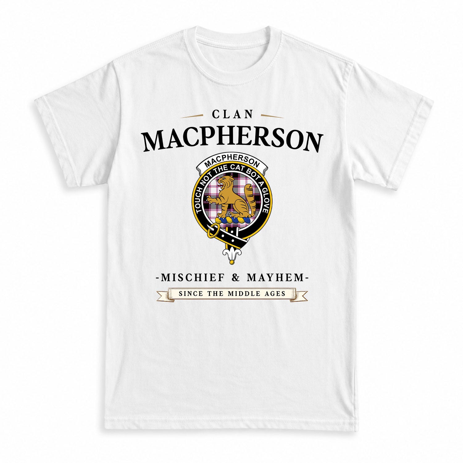 MacPherson Hunting Modern Tartan Crest Mischief and Mayhem T-shirt