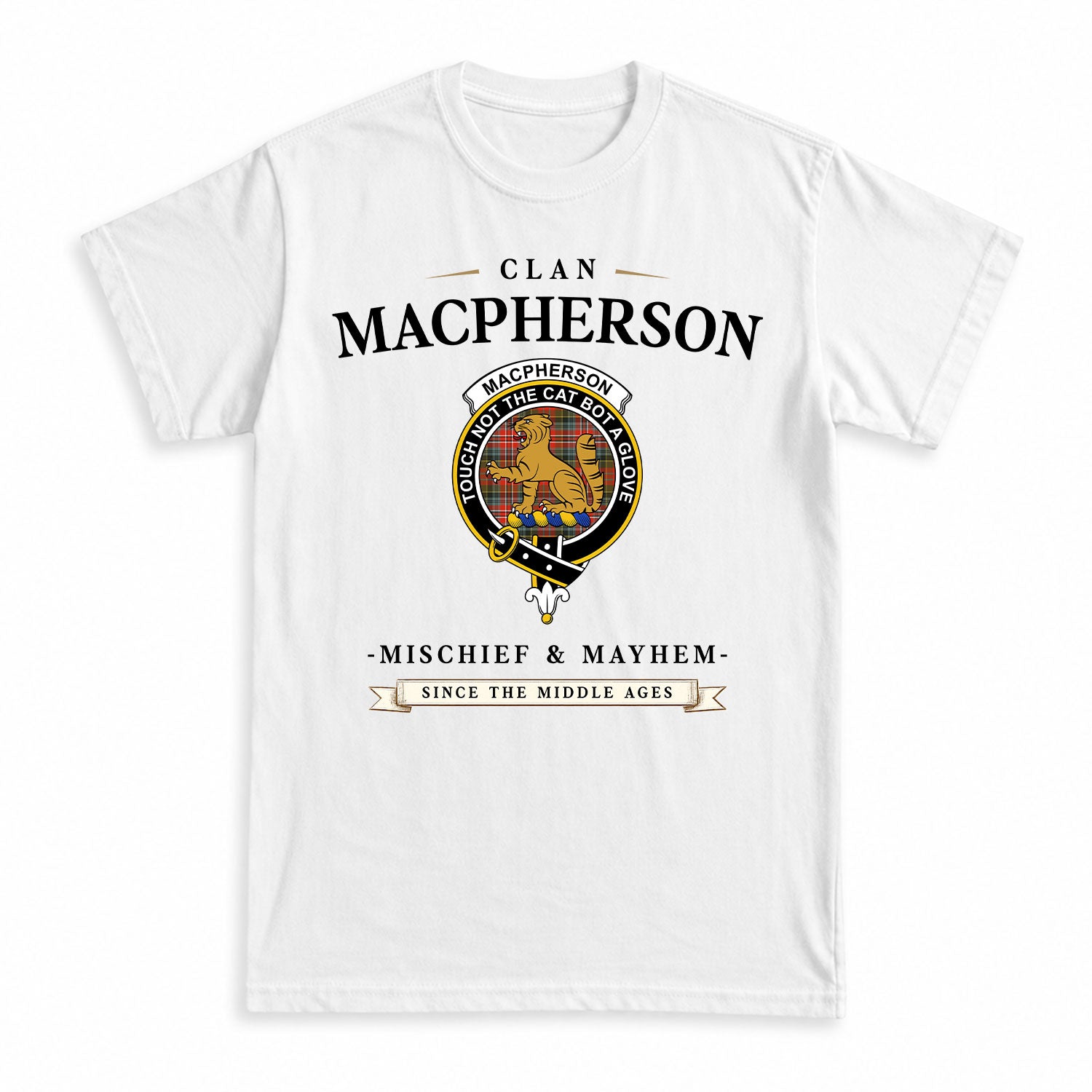 MacPherson Weathered Tartan Crest Mischief and Mayhem T-shirt