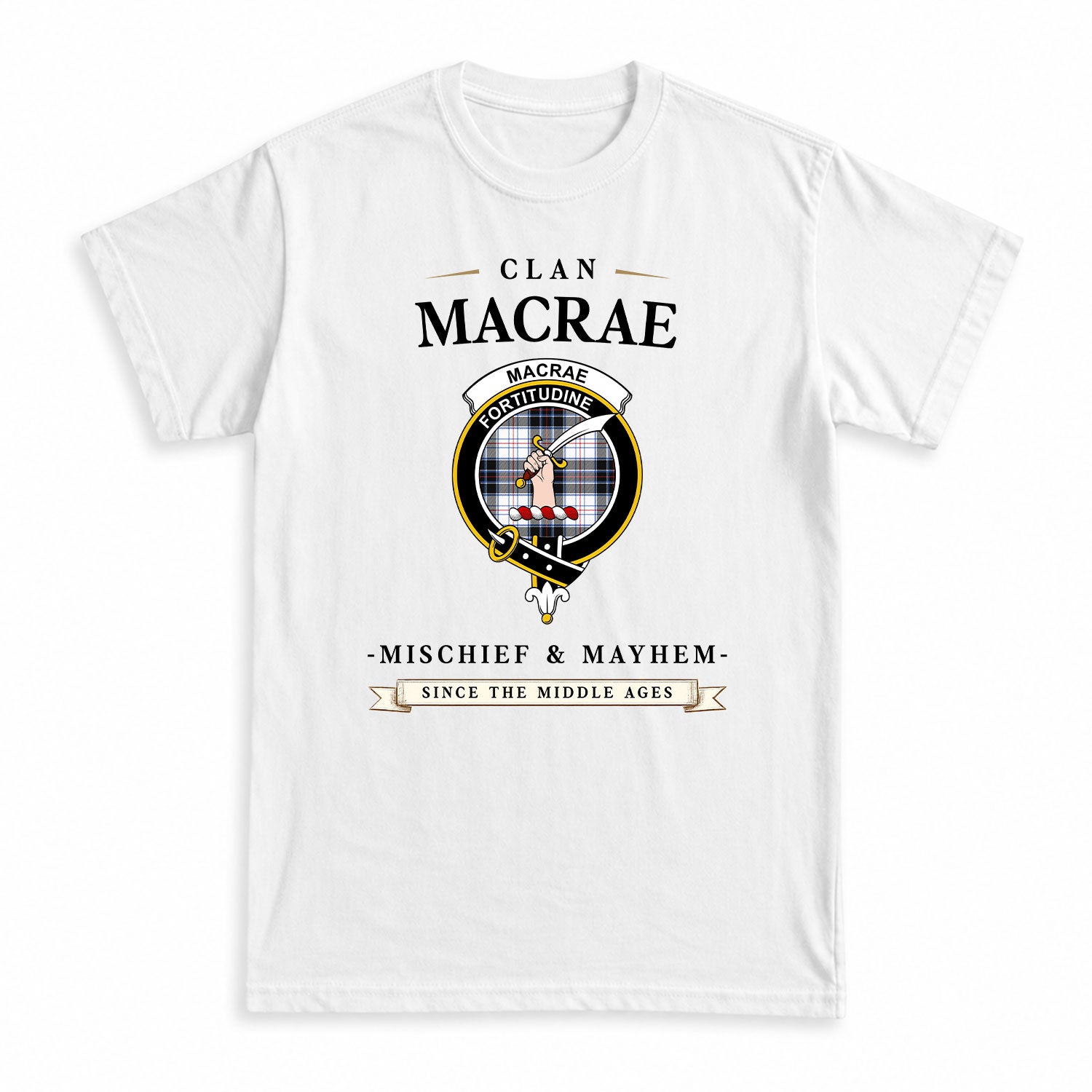 MacRae Dress Modern Tartan Crest Mischief and Mayhem T-shirt