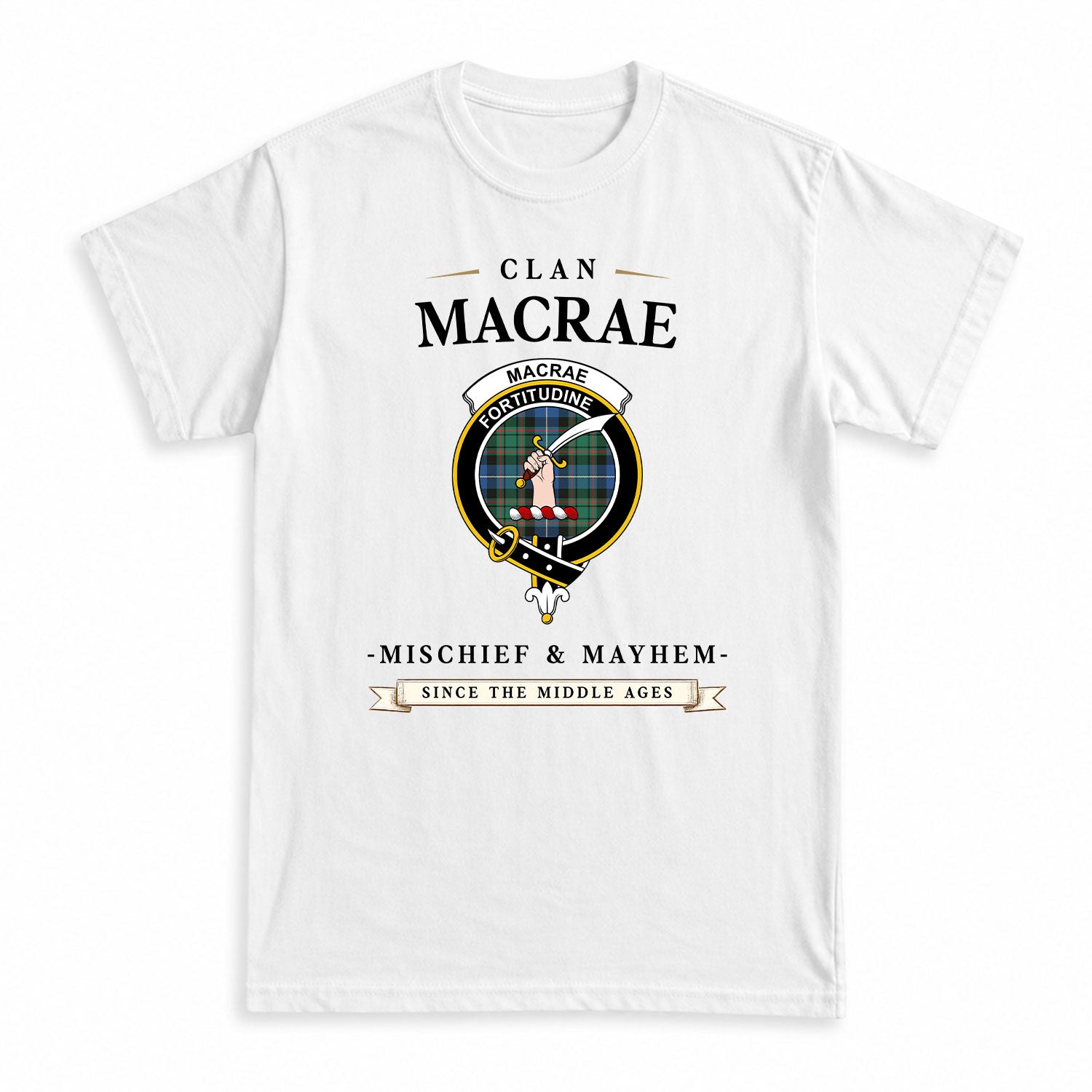 MacRae Hunting Ancient Tartan Crest Mischief and Mayhem T-shirt
