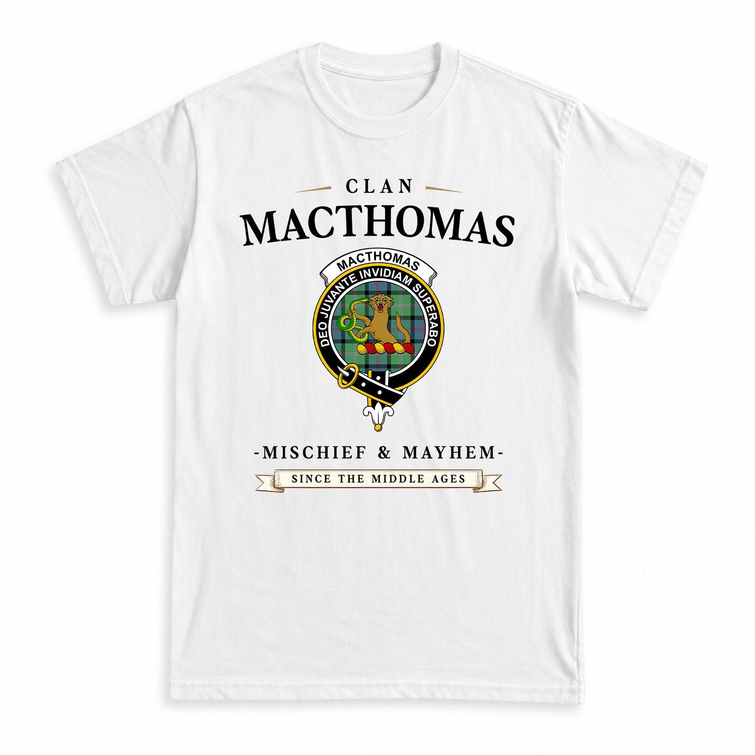 MacThomas Ancient Tartan Crest Mischief and Mayhem T-shirt