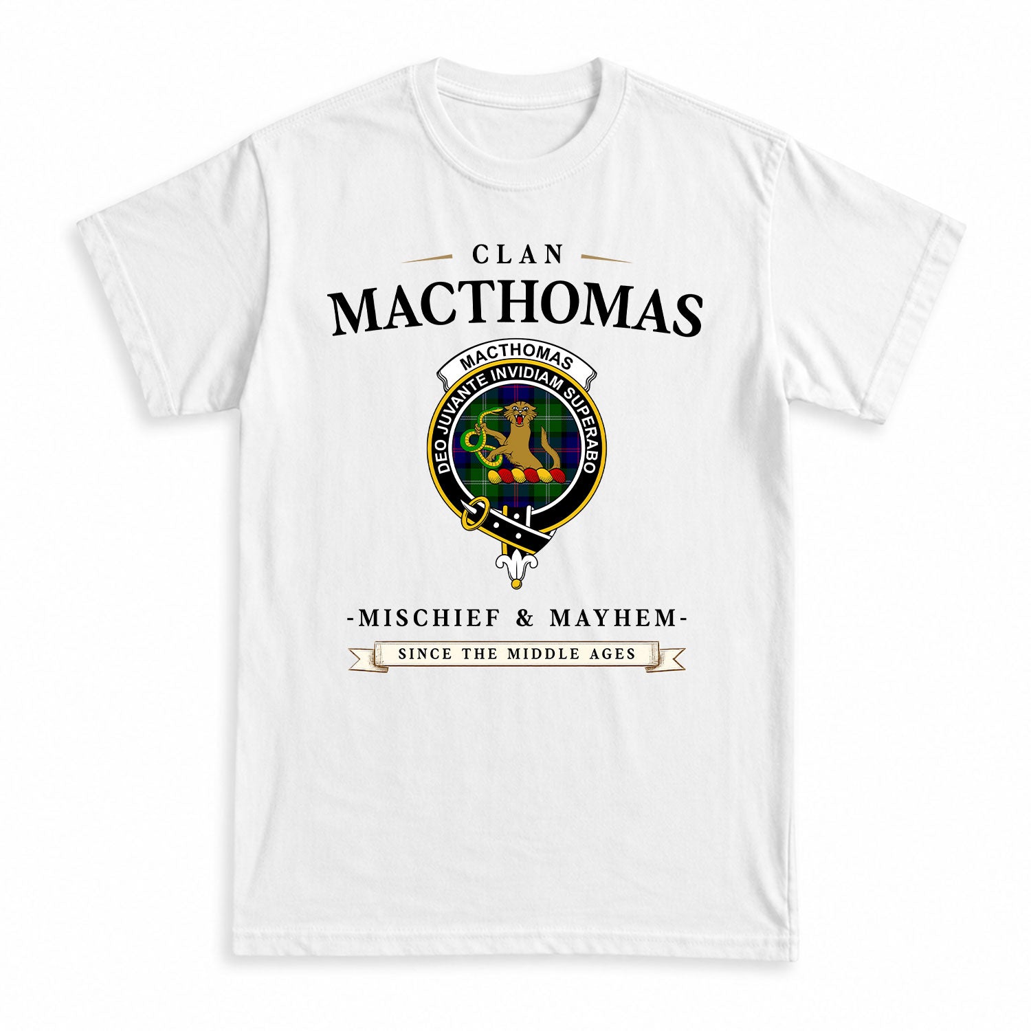 MacThomas Modern Tartan Crest Mischief and Mayhem T-shirt