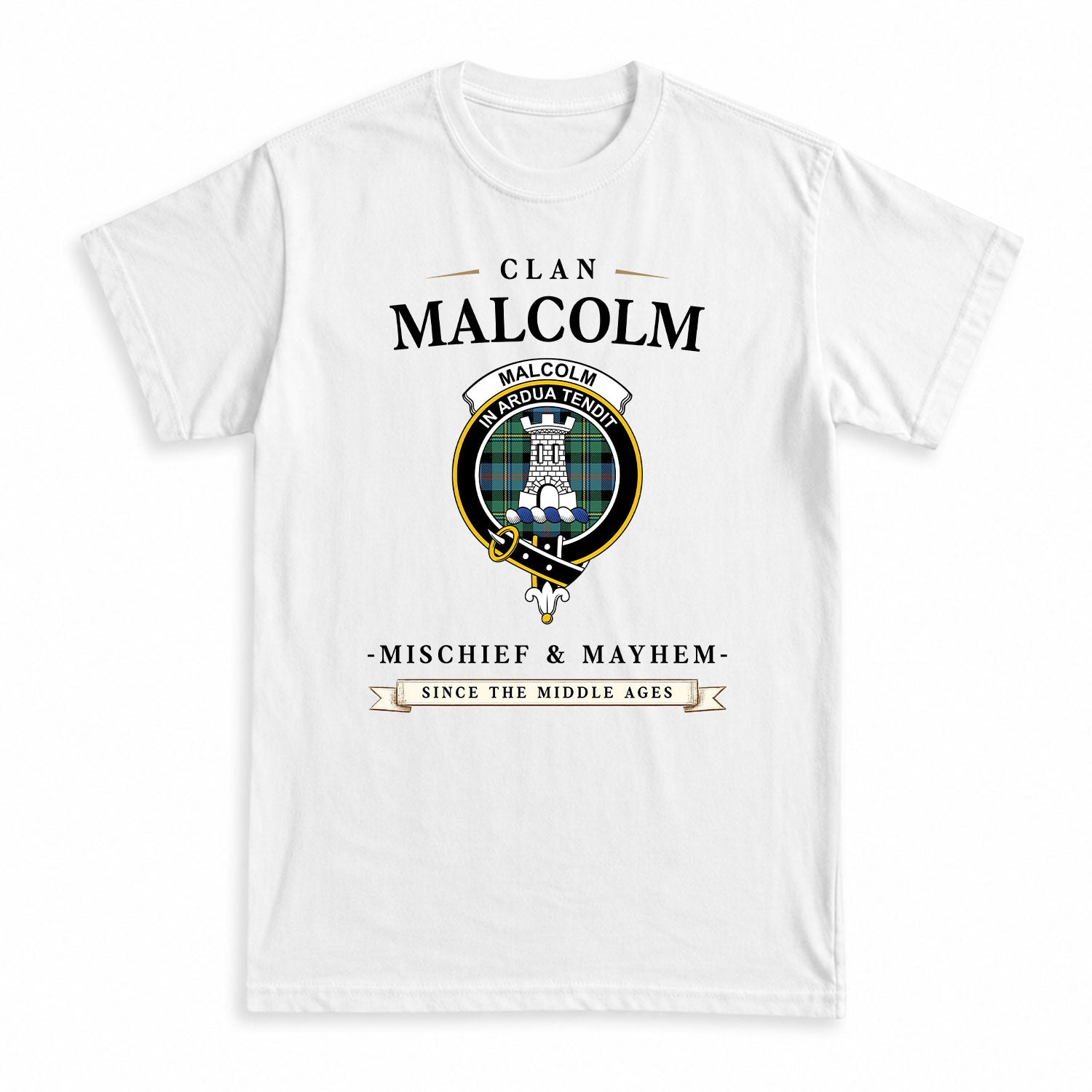 Malcolm Ancient Tartan Crest Mischief and Mayhem T-shirt
