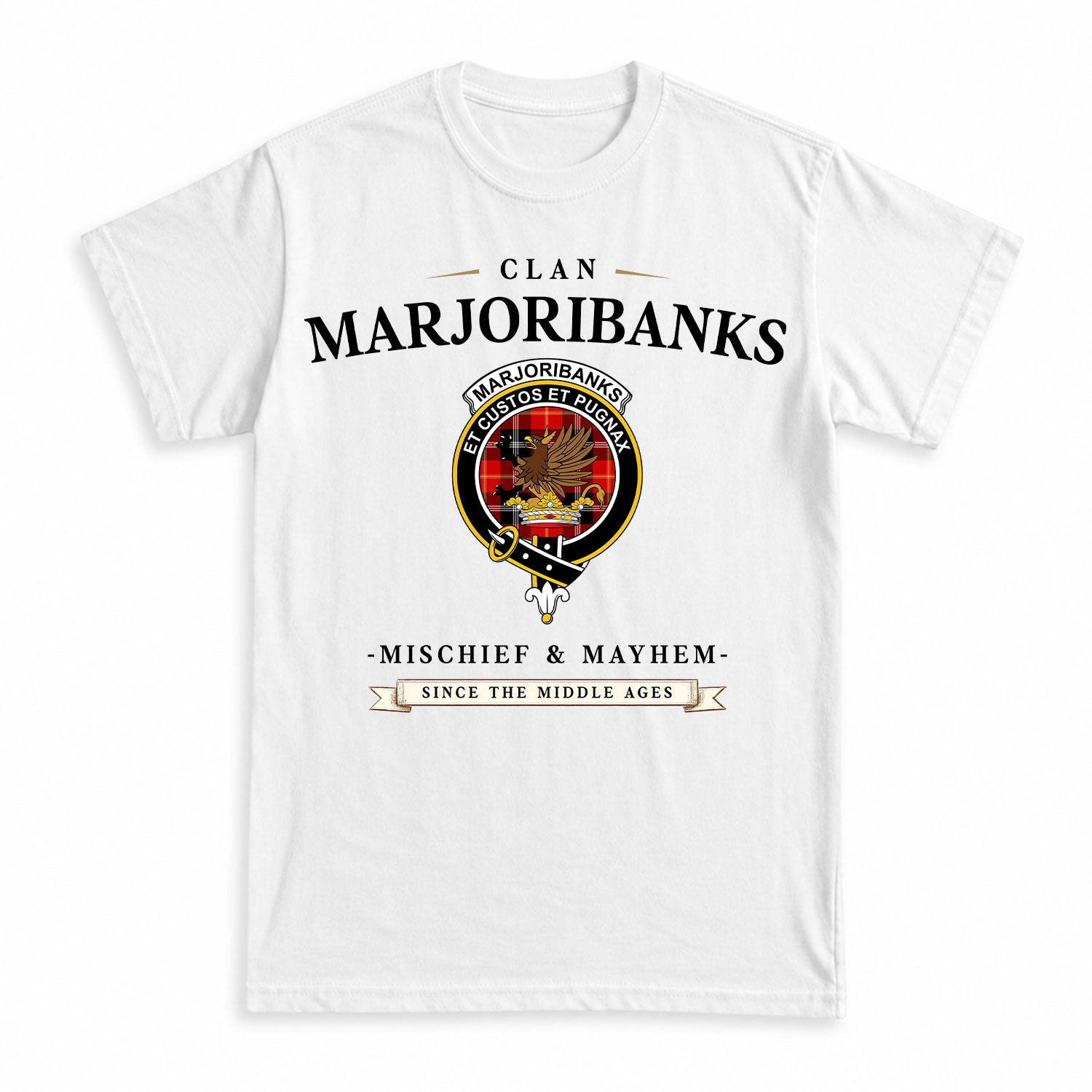 Marjoribanks Tartan Crest Mischief and Mayhem T-shirt
