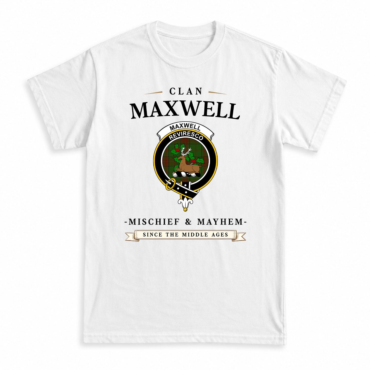 Maxwell Hunting Tartan Crest Mischief and Mayhem T-shirt