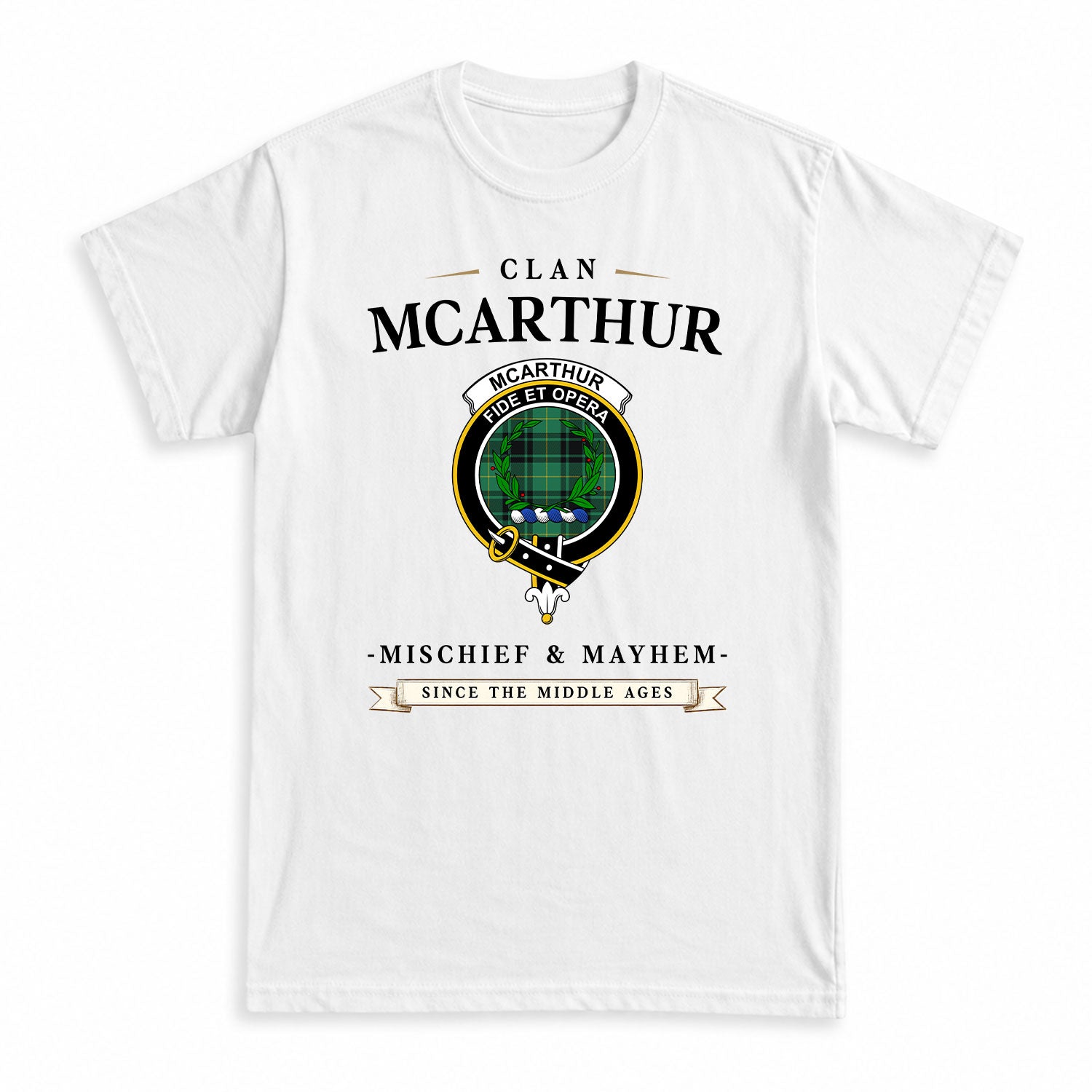 McArthur Ancient Tartan Crest Mischief and Mayhem T-shirt