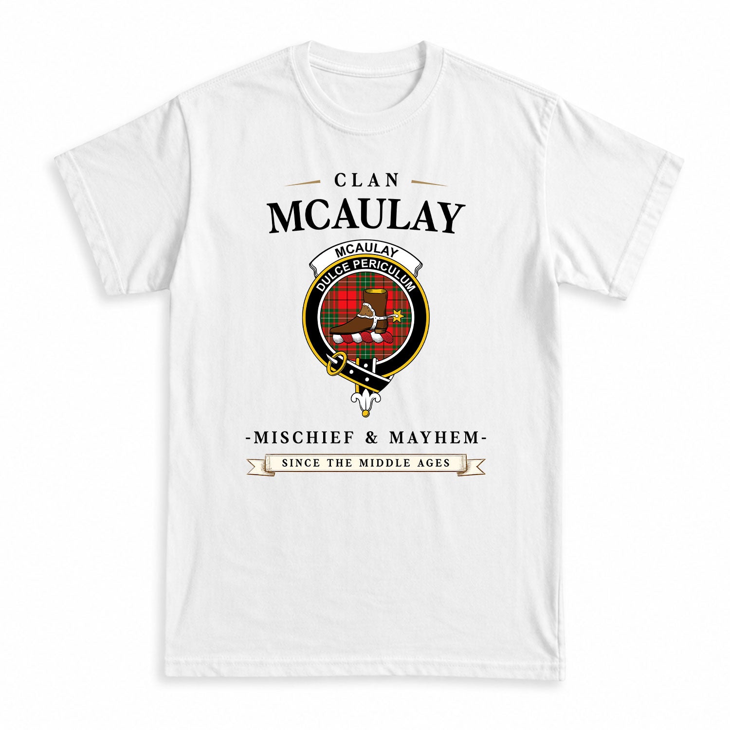 McAulay Modern Tartan Crest Mischief and Mayhem T-shirt