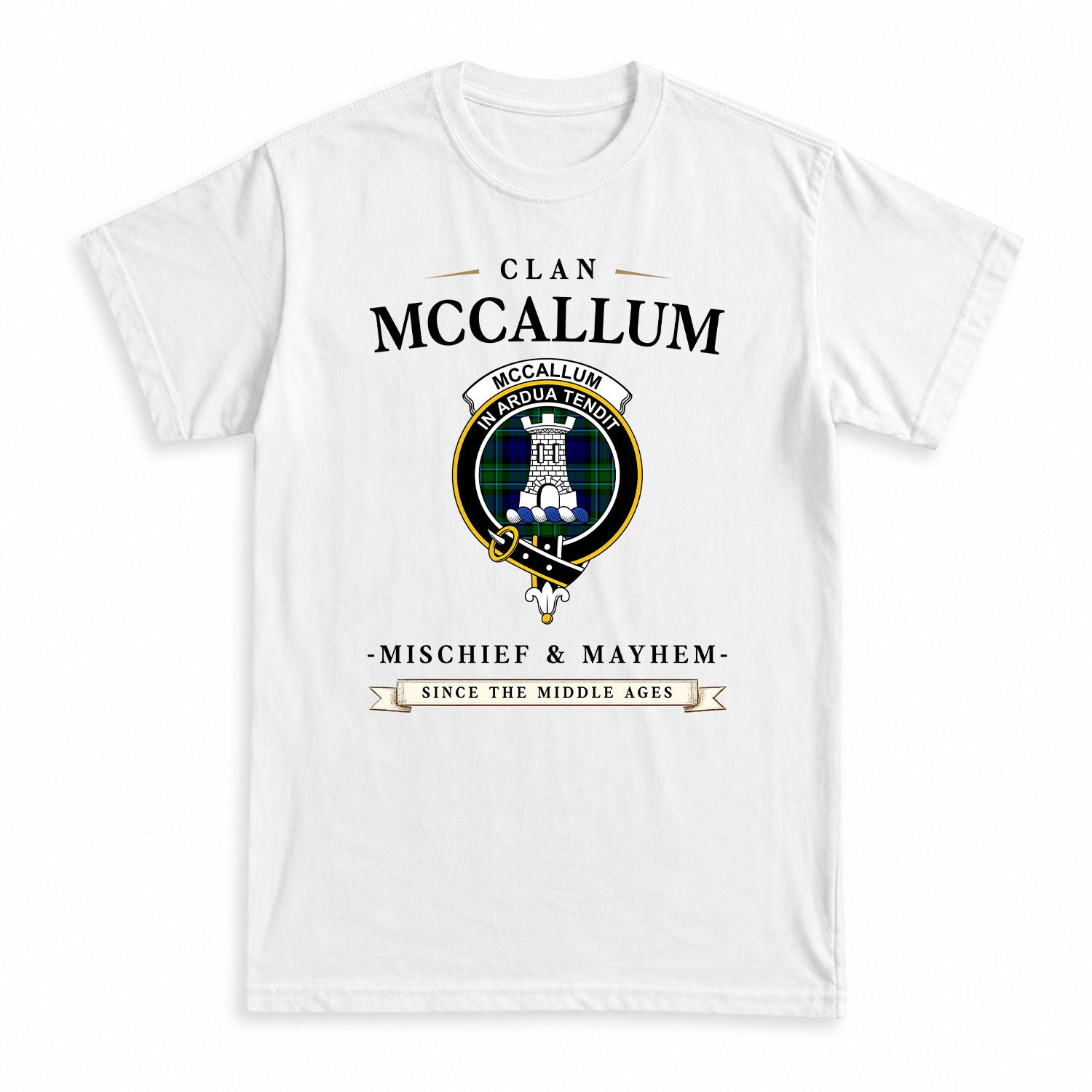 McCallum Modern Tartan Crest Mischief and Mayhem T-shirt