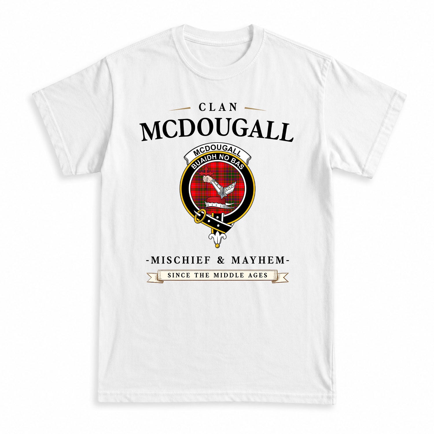 McDougall Modern Tartan Crest Mischief and Mayhem T-shirt