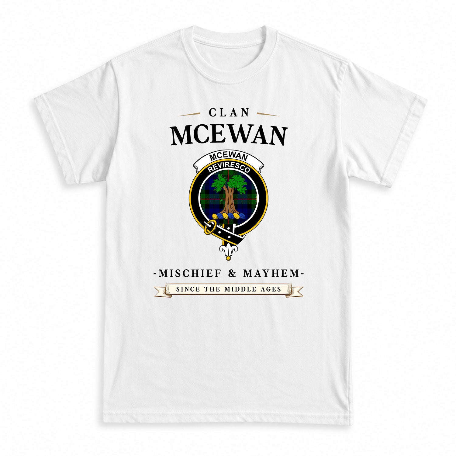 McEwan Modern Tartan Crest Mischief and Mayhem T-shirt