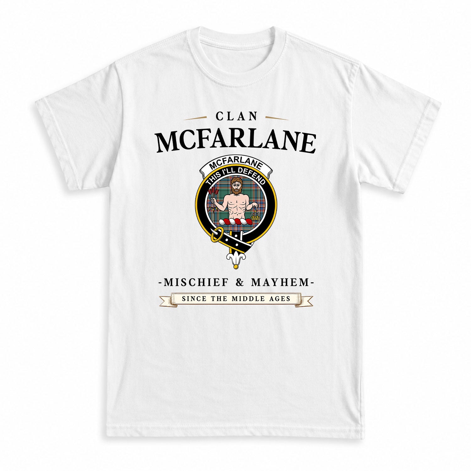 McFarlane Hunting Ancient Tartan Crest Mischief and Mayhem T-shirt