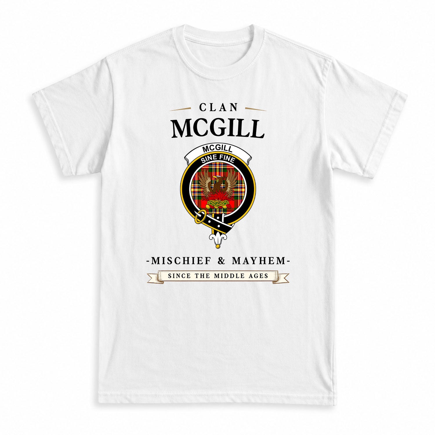 McGill Modern Tartan Crest Mischief and Mayhem T-shirt