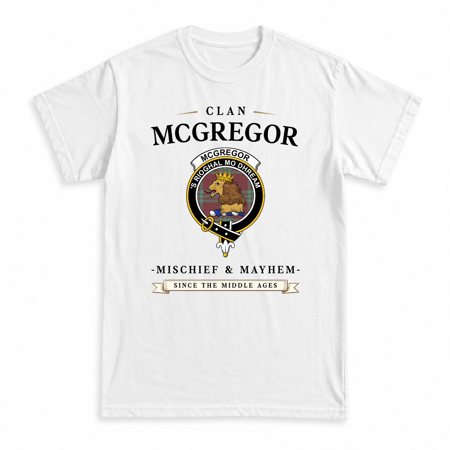 McGregor Hunting Ancient Tartan Crest Mischief and Mayhem T-shirt