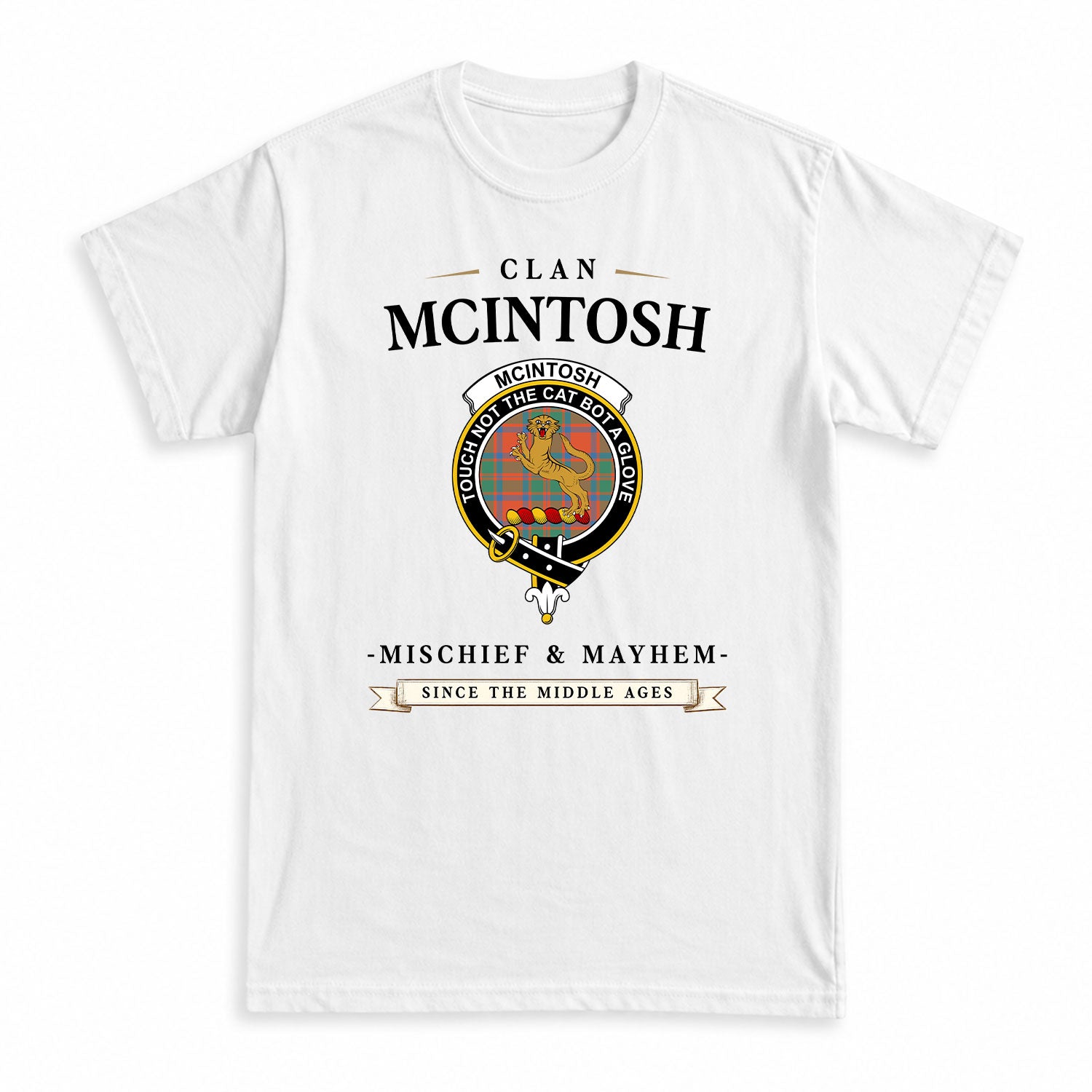 McIntosh Ancient Tartan Crest Mischief and Mayhem T-shirt