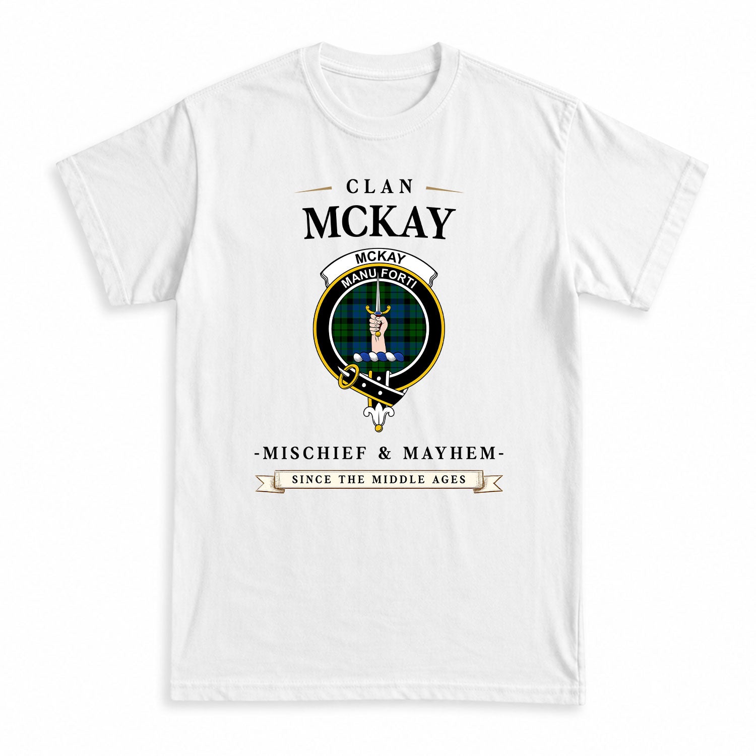 McKay Modern Tartan Crest Mischief and Mayhem T-shirt