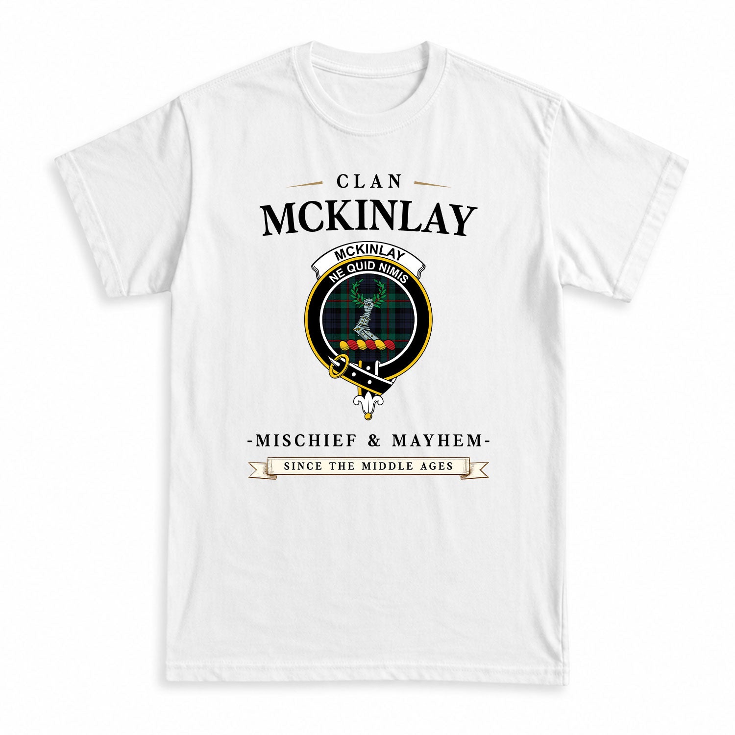 McKinlay Modern Tartan Crest Mischief and Mayhem T-shirt