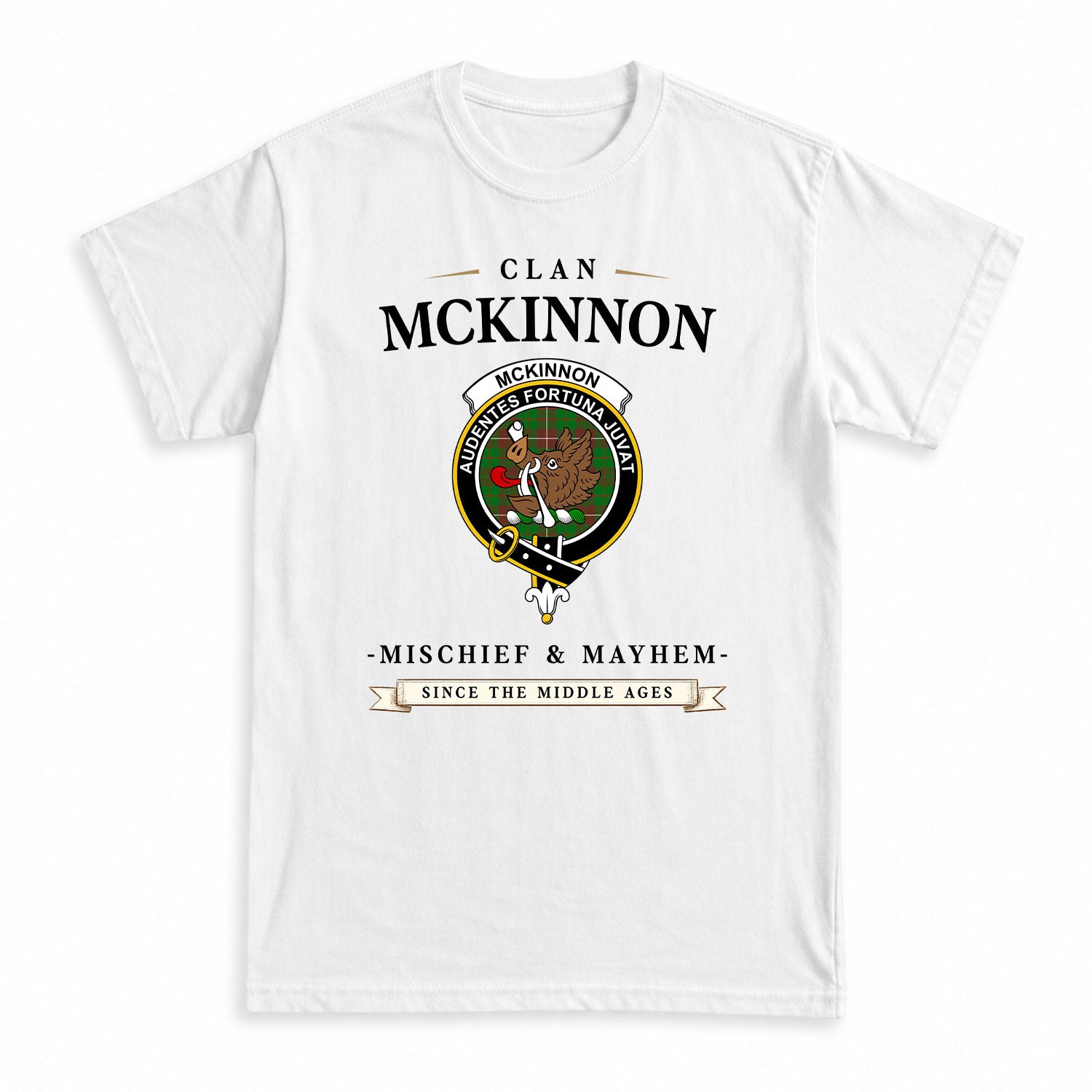 McKinnon Hunting Modern Tartan Crest Mischief and Mayhem T-shirt