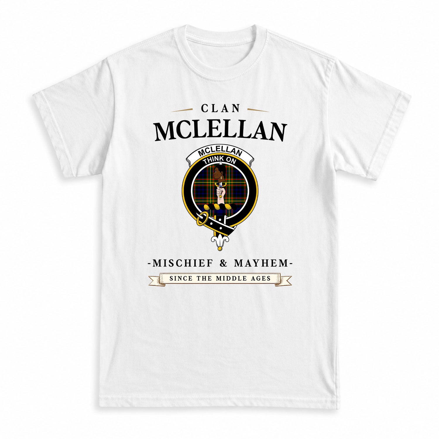 McLellan Modern Tartan Crest Mischief and Mayhem T-shirt