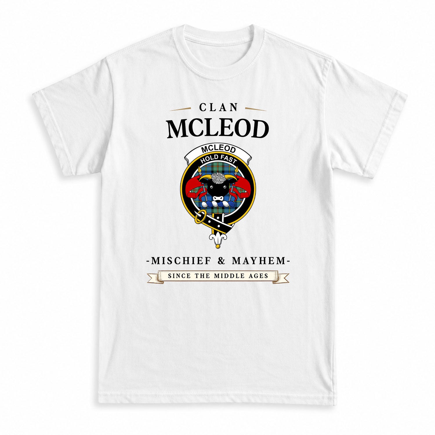 McLeod of Harris Ancient Tartan Crest Mischief and Mayhem T-shirt