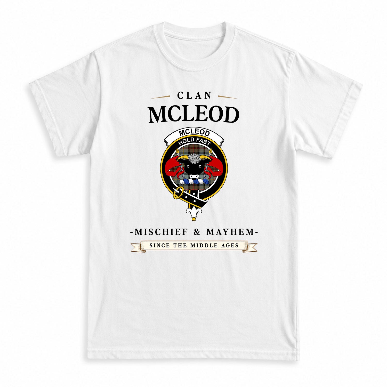 McLeod of Harris Weathered Tartan Crest Mischief and Mayhem T-shirt