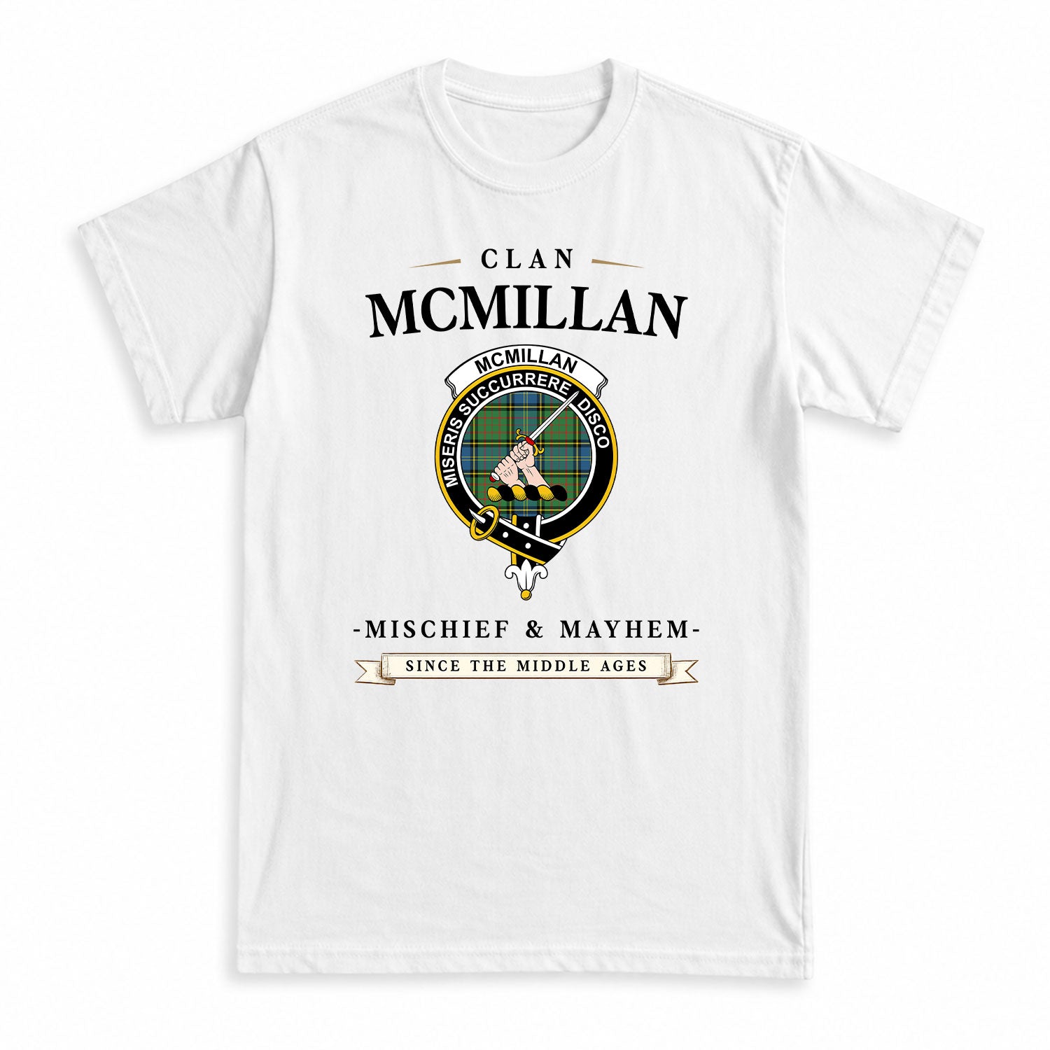 McMillan Hunting Ancient Tartan Crest Mischief and Mayhem T-shirt