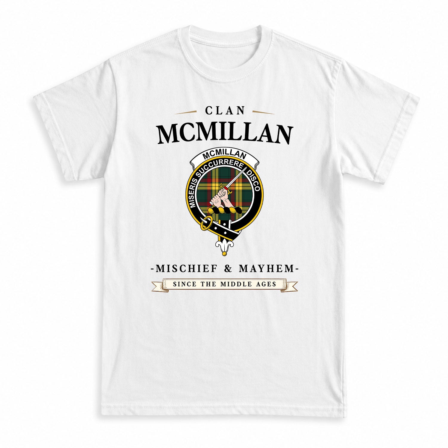 McMillan Old Modern Tartan Crest Mischief and Mayhem T-shirt