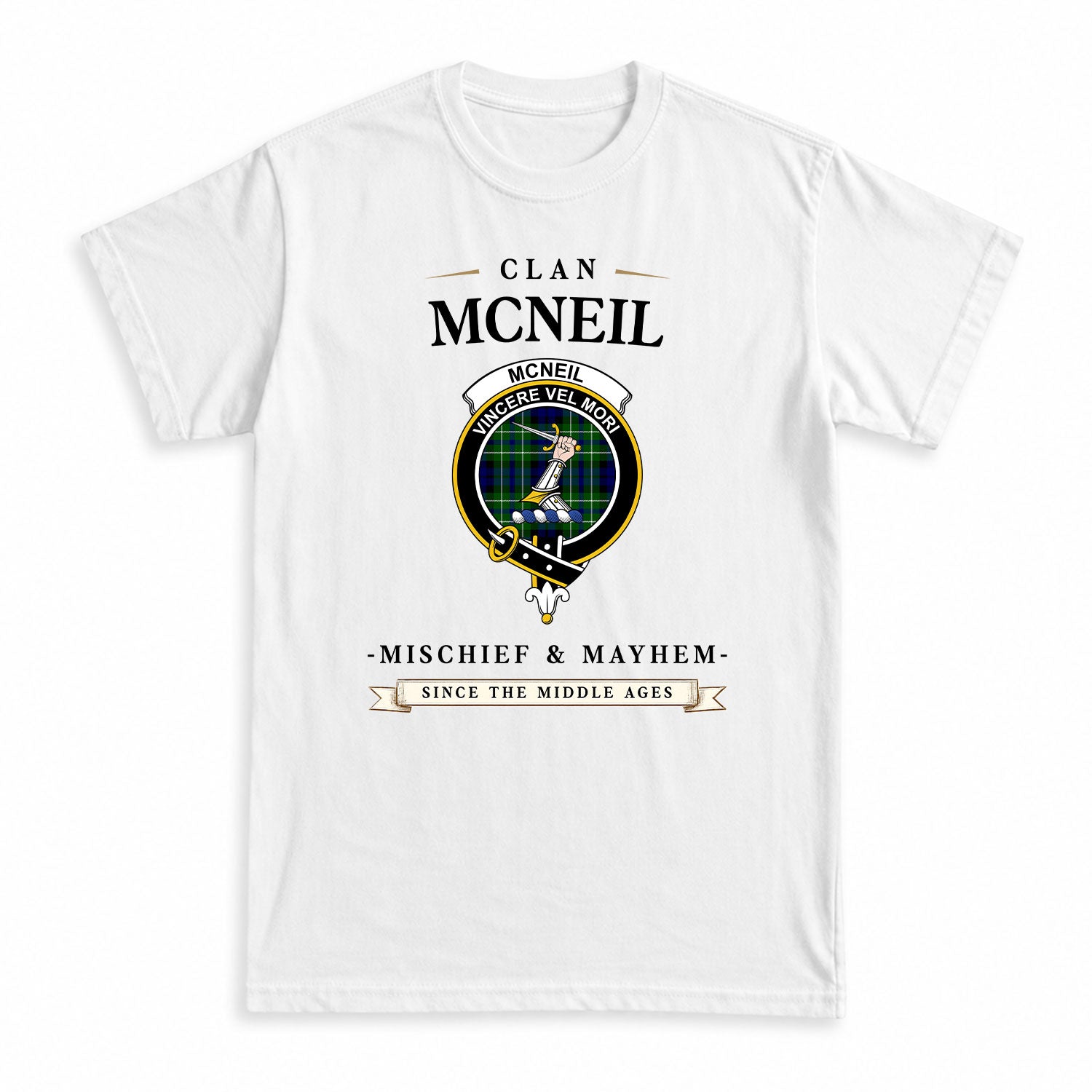 McNeil of Colonsay Modern Tartan Crest Mischief and Mayhem T-shirt