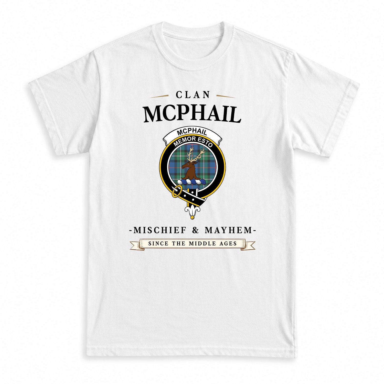 McPhail Hunting Ancient Tartan Crest Mischief and Mayhem T-shirt