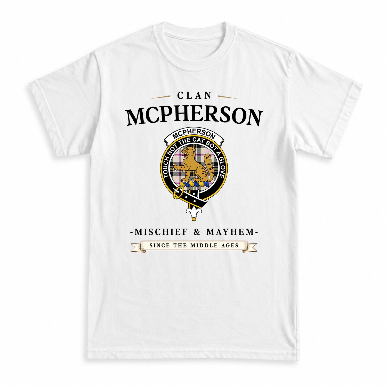 McPherson Dress Ancient Tartan Crest Mischief and Mayhem T-shirt