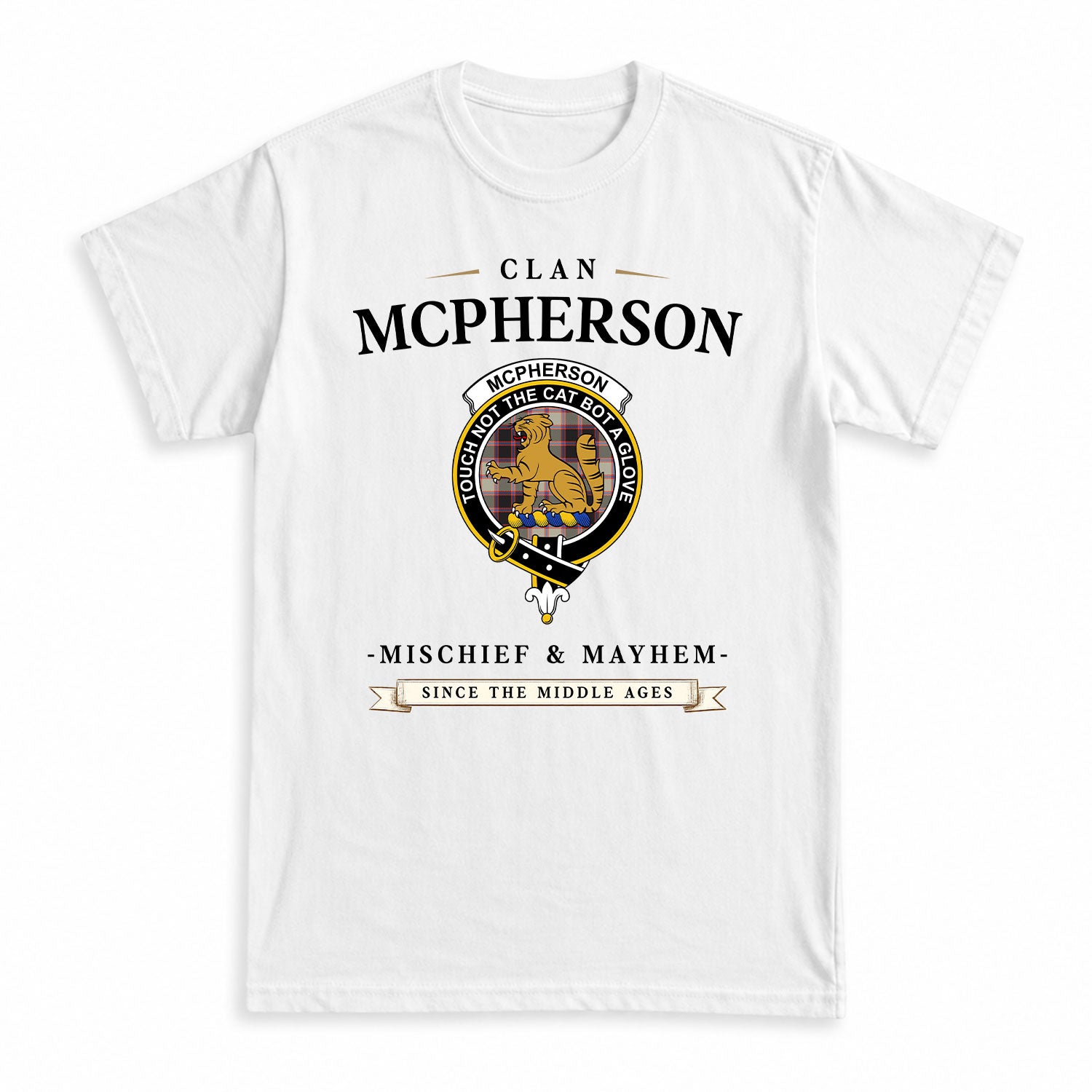 McPherson Hunting Ancient Tartan Crest Mischief and Mayhem T-shirt