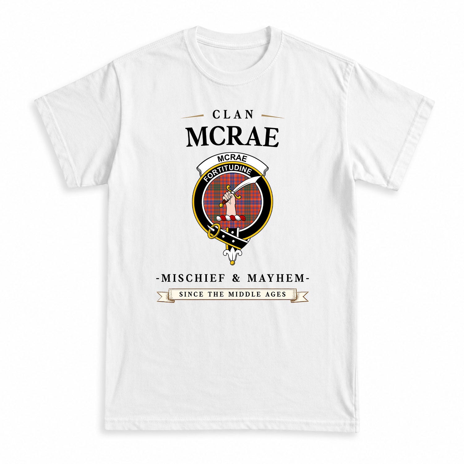 McRae Ancient Tartan Crest Mischief and Mayhem T-shirt