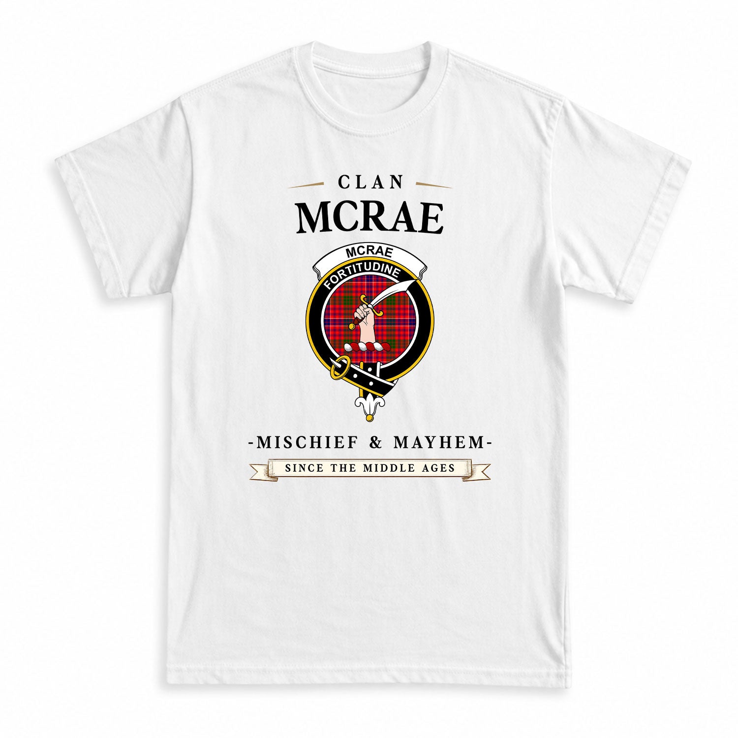 McRae Modern Tartan Crest Mischief and Mayhem T-shirt