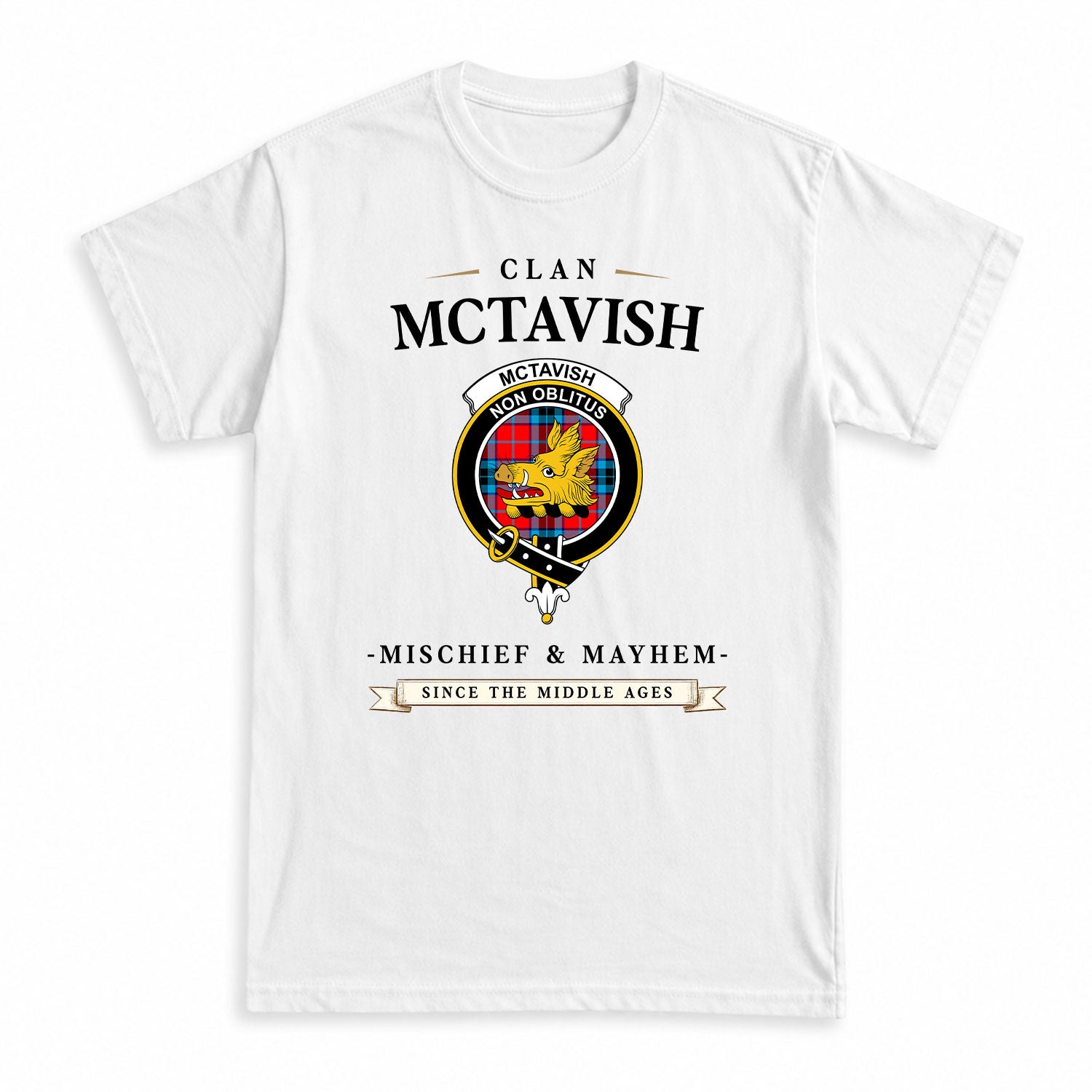 McTavish Modern Tartan Crest Mischief and Mayhem T-shirt