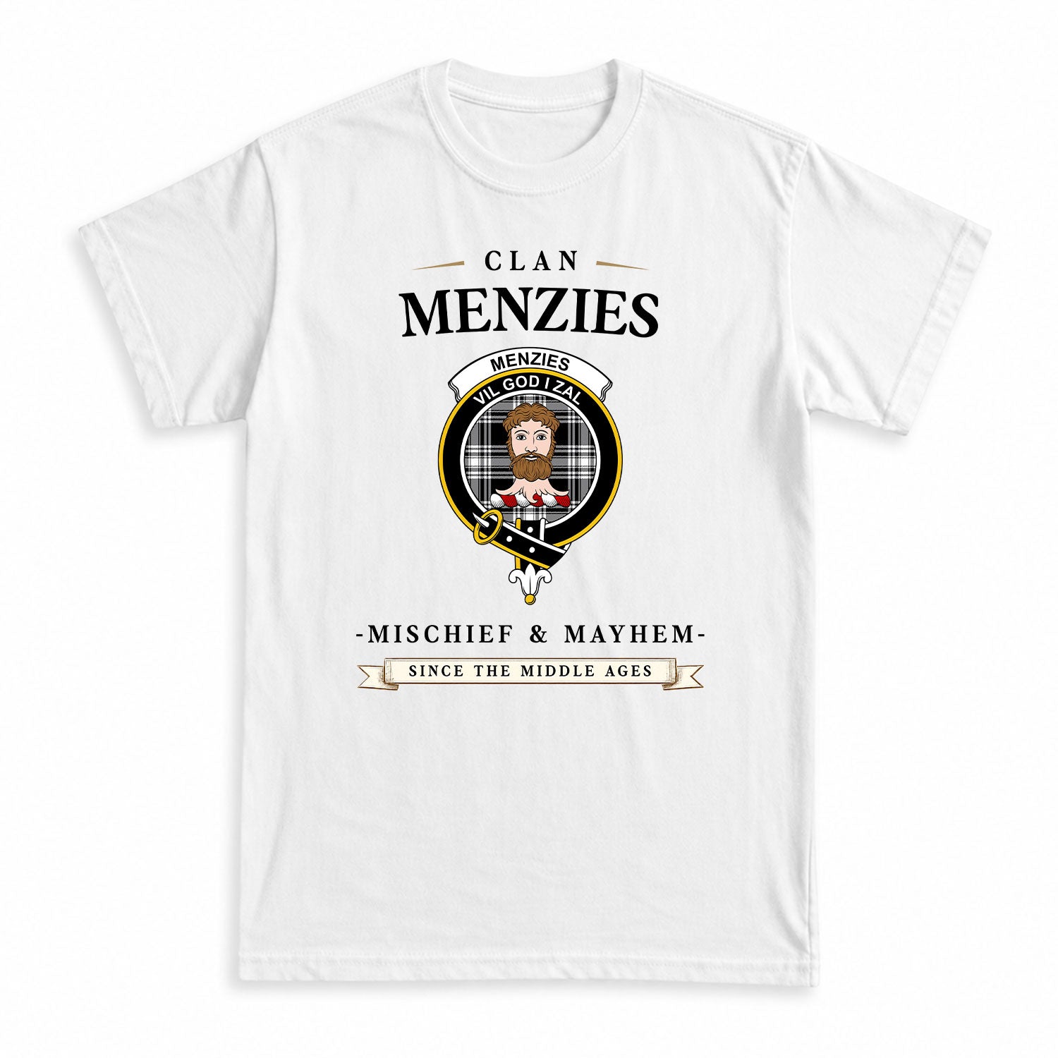 Menzies Black - White Modern Tartan Crest Mischief and Mayhem T-shirt