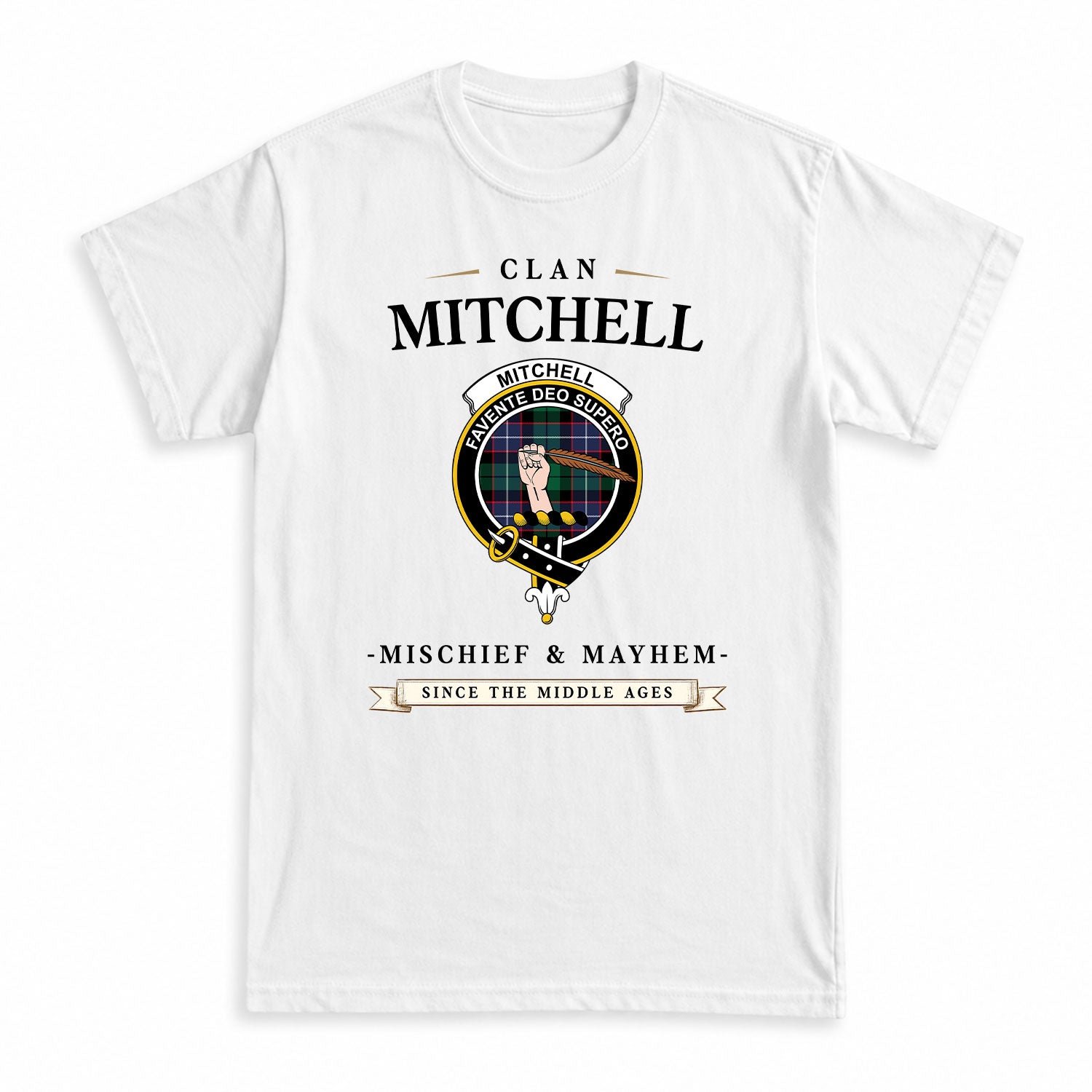Mitchell Modern Tartan Crest Mischief and Mayhem T-shirt