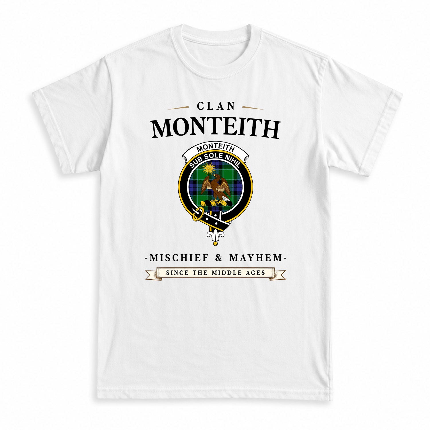 Monteith Tartan Crest Mischief and Mayhem T-shirt