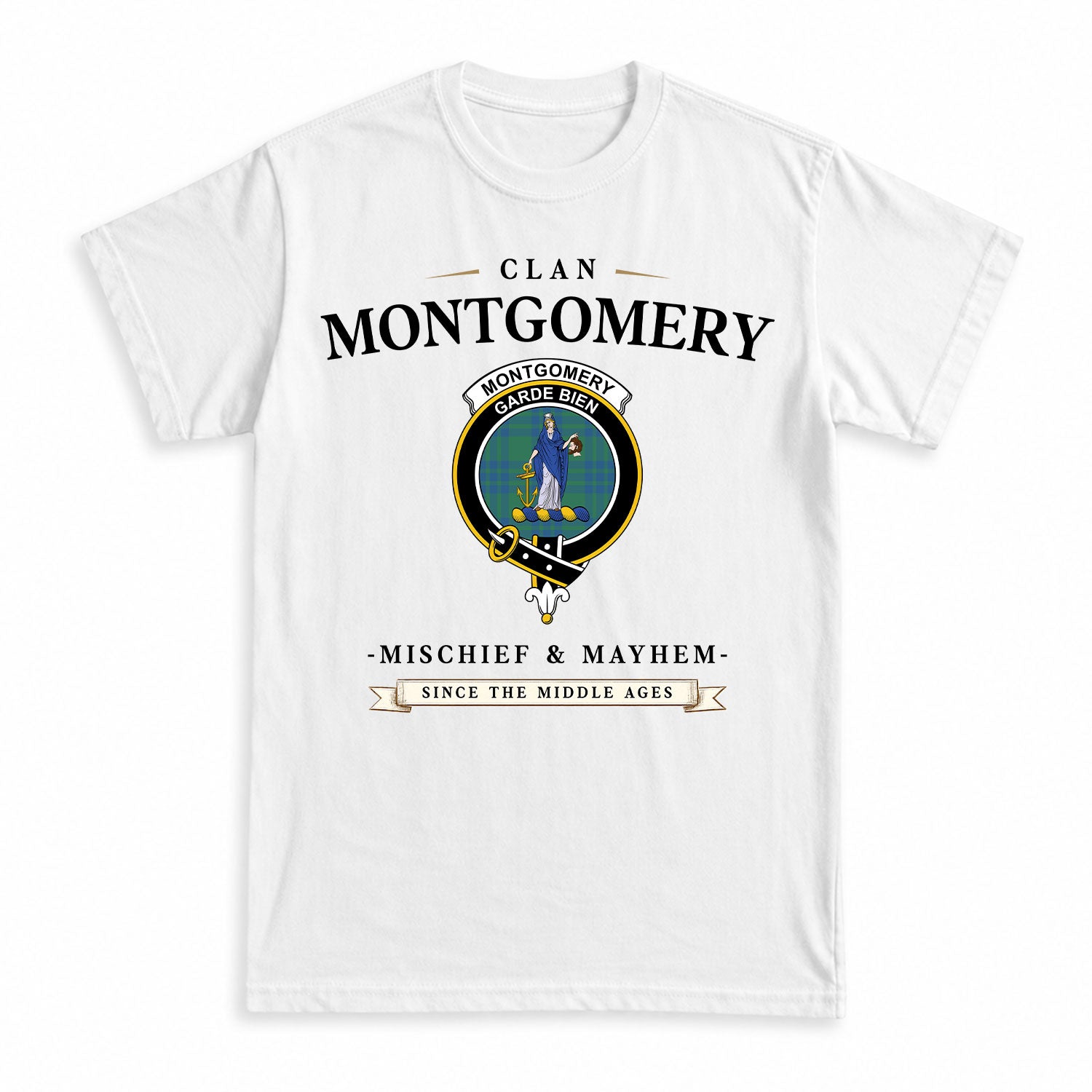Montgomery Ancient Tartan Crest Mischief and Mayhem T-shirt