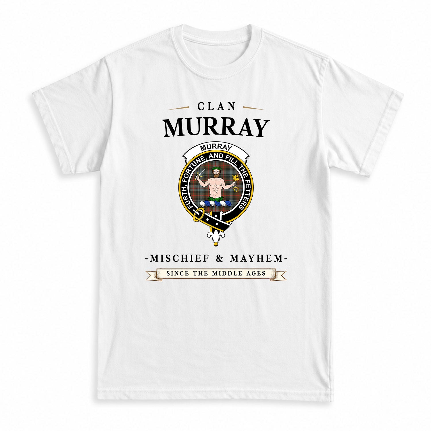 Murray of Atholl Weathered Tartan Crest Mischief and Mayhem T-shirt
