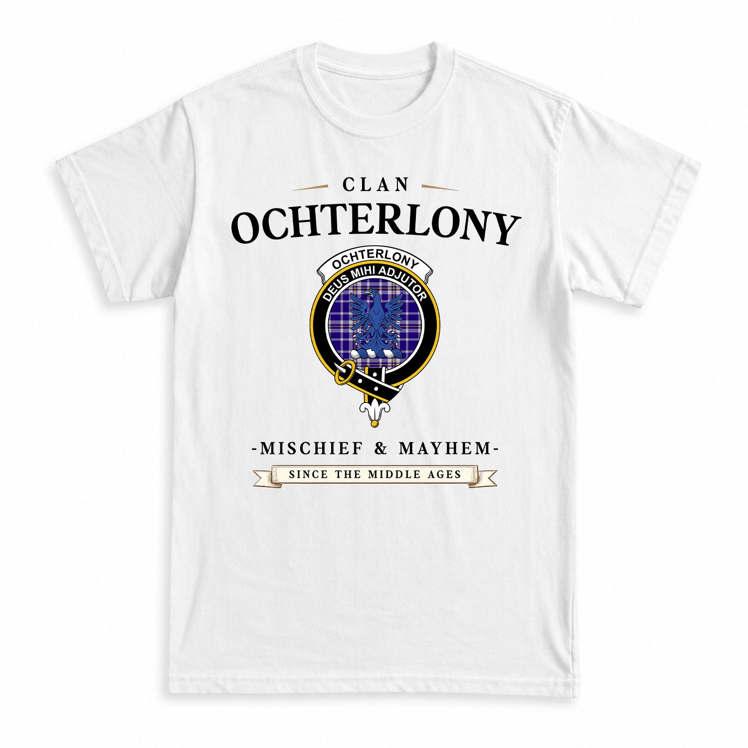 Ochterlony Tartan Crest Mischief and Mayhem T-shirt