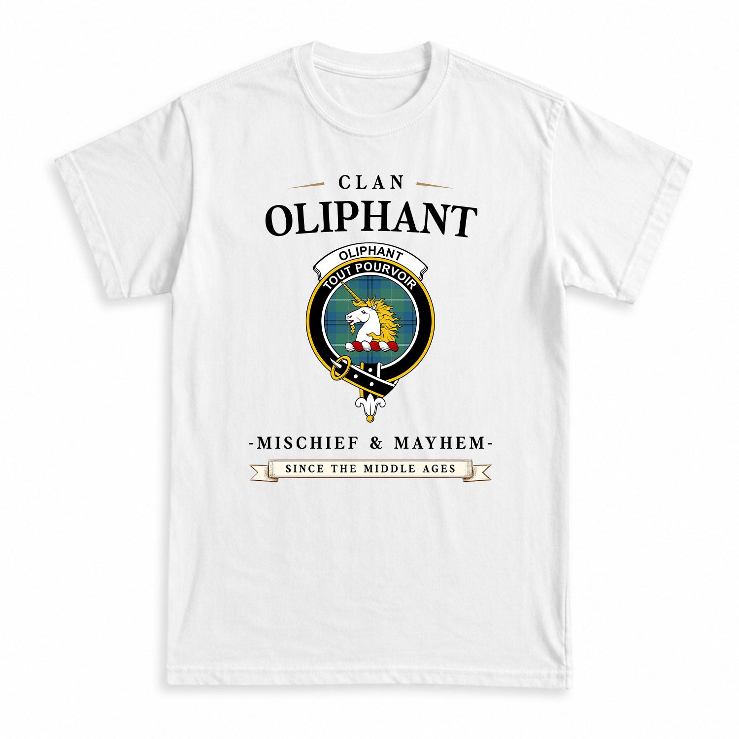 Oliphant Ancient Tartan Crest Mischief and Mayhem T-shirt