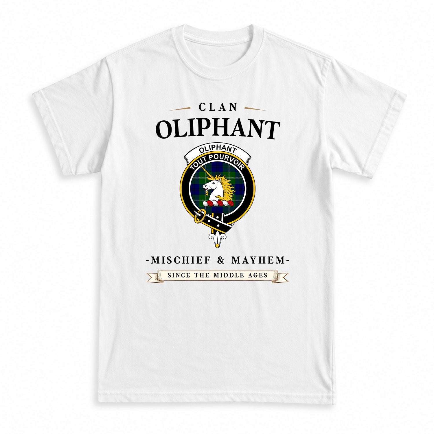 Oliphant Modern Tartan Crest Mischief and Mayhem T-shirt