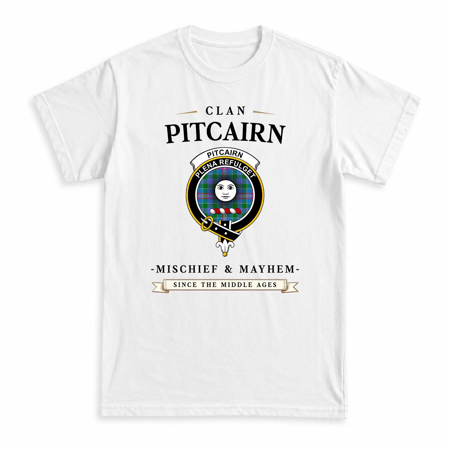 Pitcairn Hunting Tartan Crest Mischief and Mayhem T-shirt