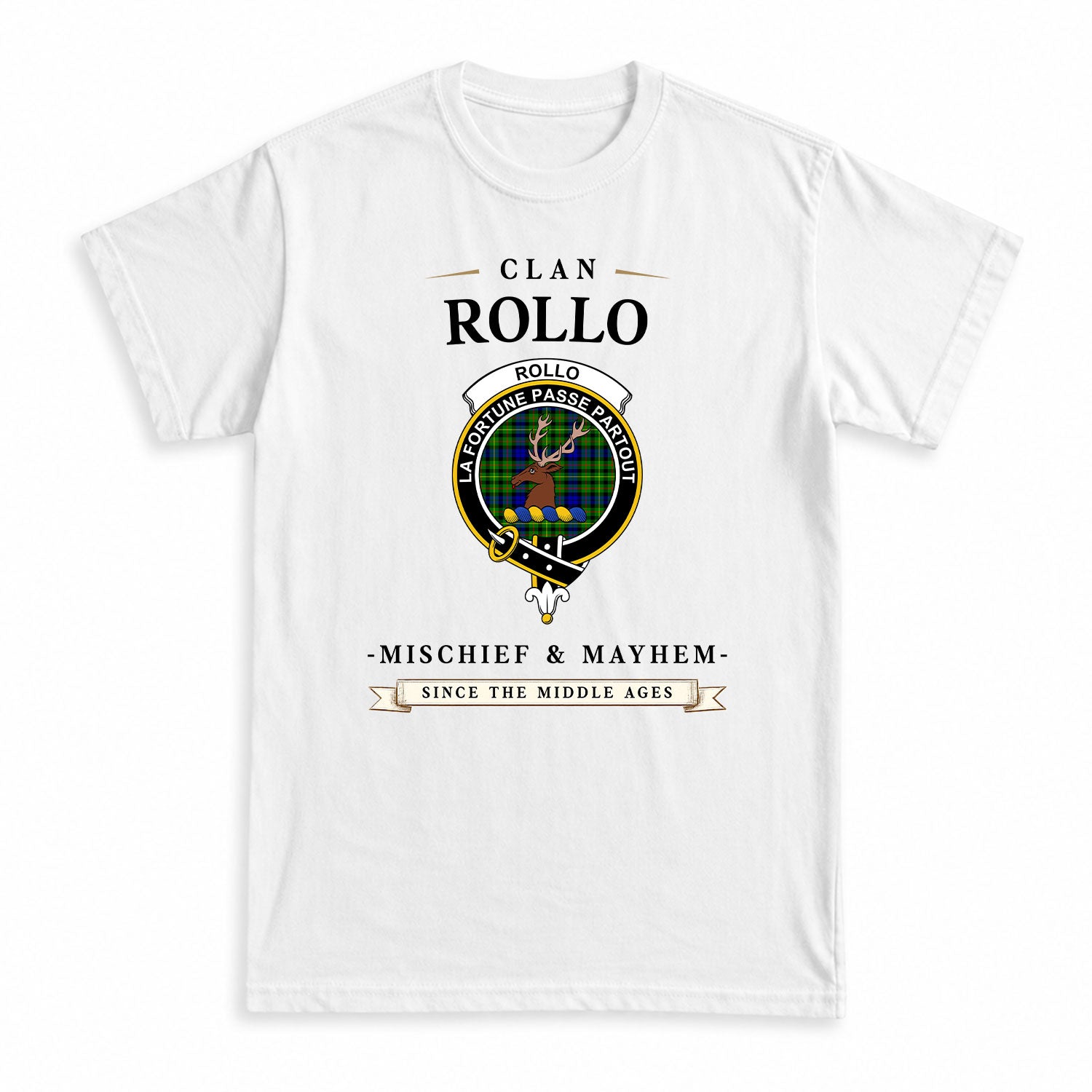 Rollo Modern Tartan Crest Mischief and Mayhem T-shirt