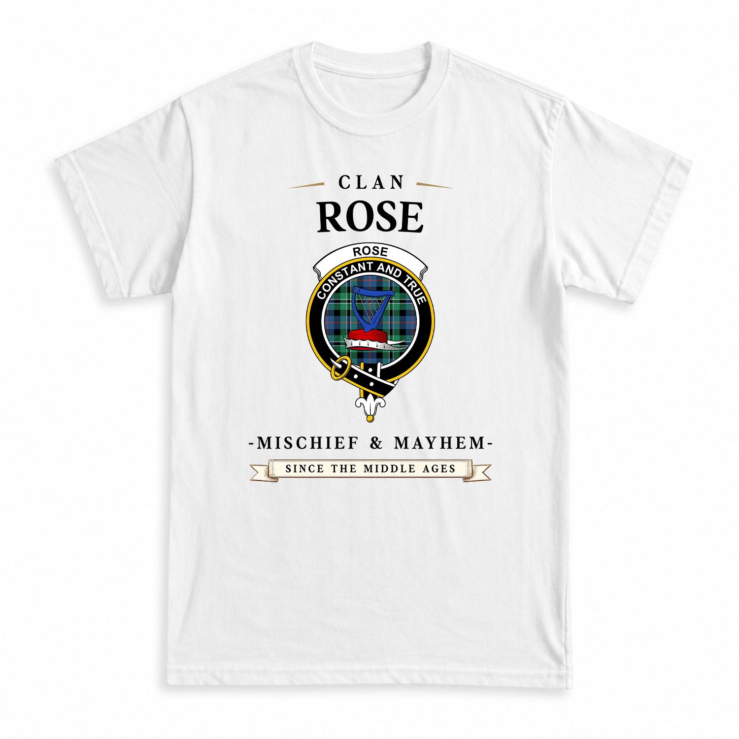 Rose Hunting Ancient Tartan Crest Mischief and Mayhem T-shirt
