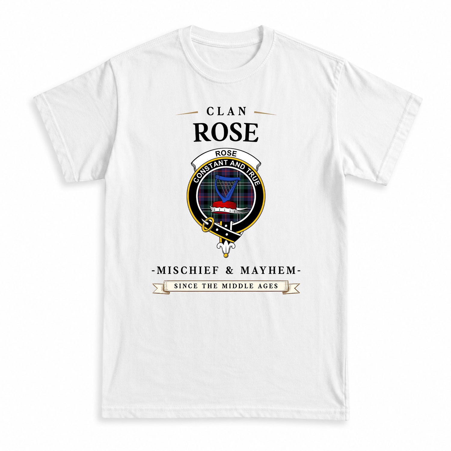 Rose Hunting Modern Tartan Crest Mischief and Mayhem T-shirt