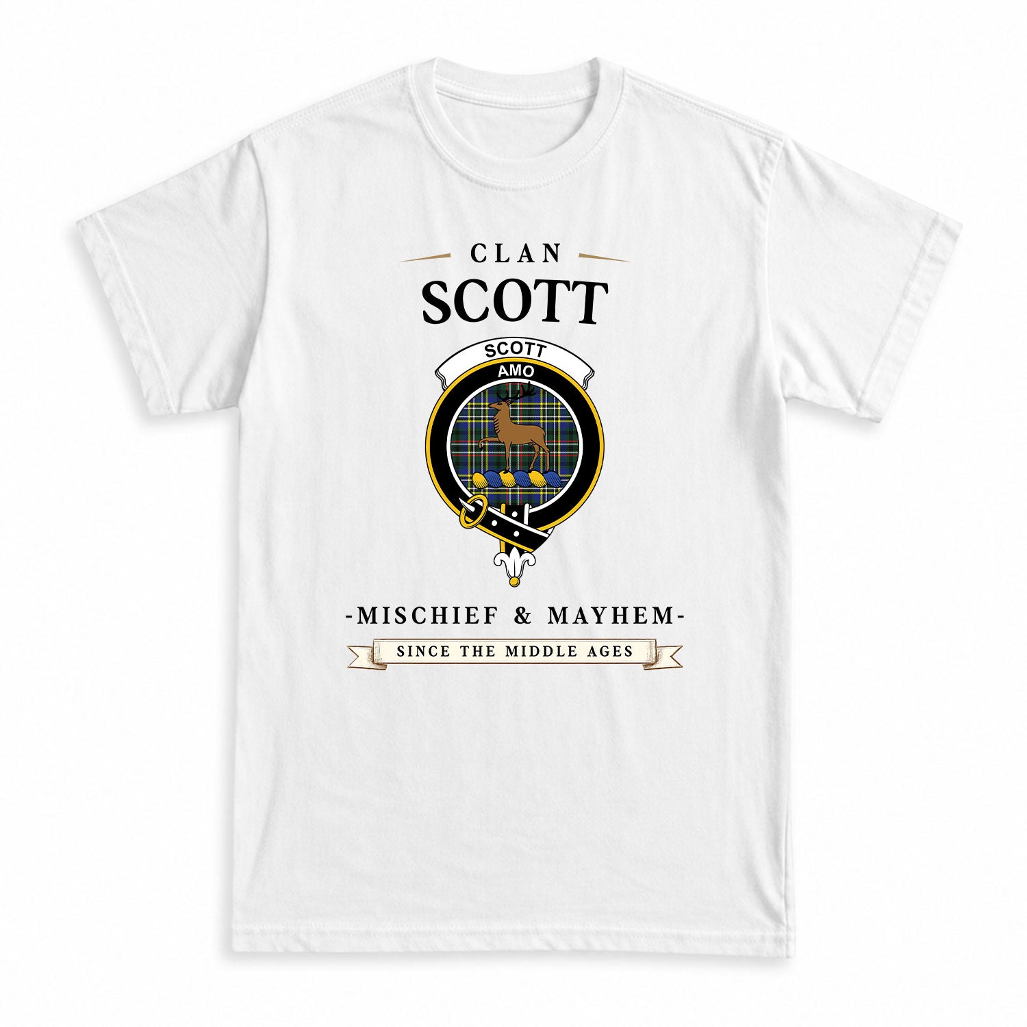 Scott Green Modern Tartan Crest Mischief and Mayhem T-shirt